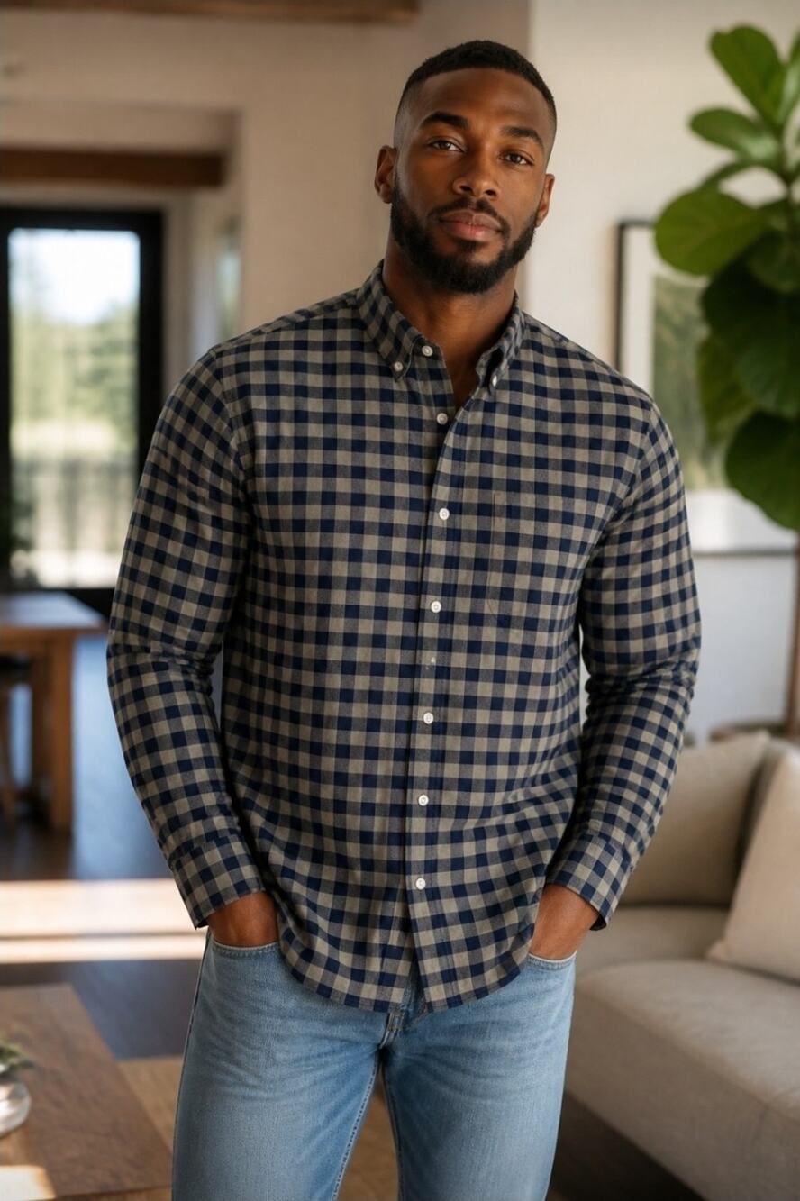 J.Crew Secret Wash Slim Fit Gingham Button Down Shirt Mens L Olive Black Organic
